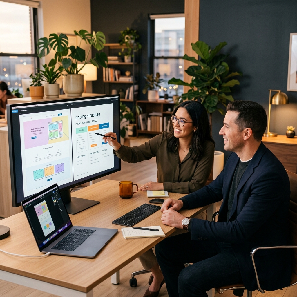 Designer and business owner reviewing website mockups and professional pricing table