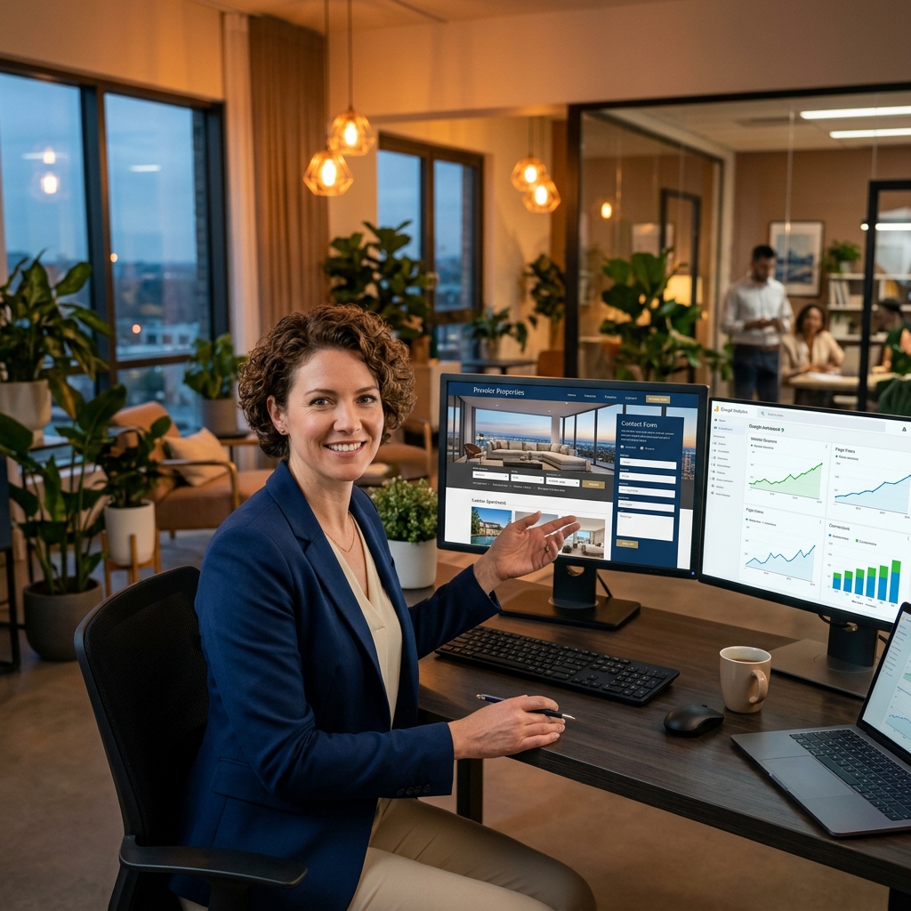 Real estate agent beside property listing website on monitor showing growing analytics results